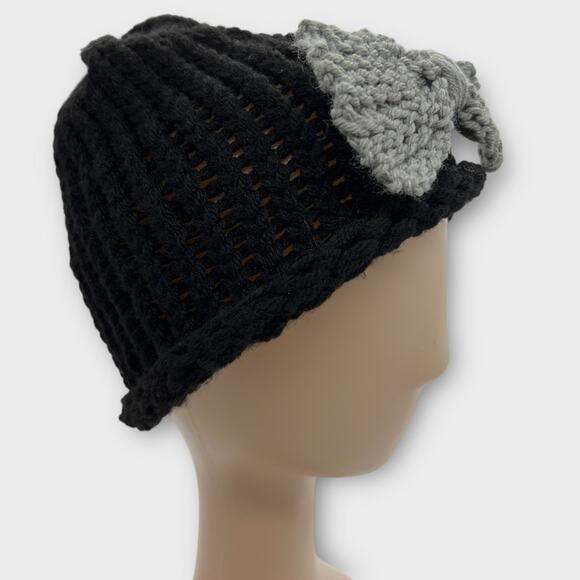 womens woven knit black and gray bow hat cap beanie feminine winter XS/S - Picture 2 of 9